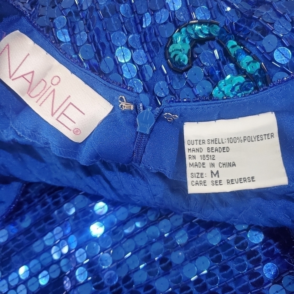 Vintage 80s Nadine Vibrant Blue Floral Sequins Long Sleeve Dress Size Medium - Picture 15 of 16